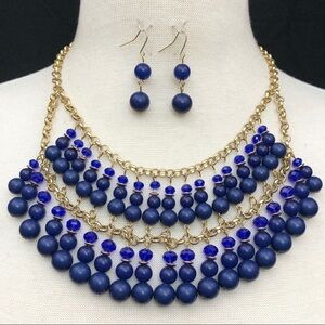 Layered Dark Blue Beads 2 Row Large Gold Statement Bib Necklace Earrings Set